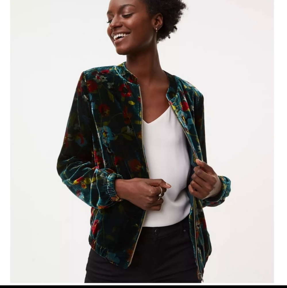 LOFT Velvet Floral Jacket Size Small Green Floral New